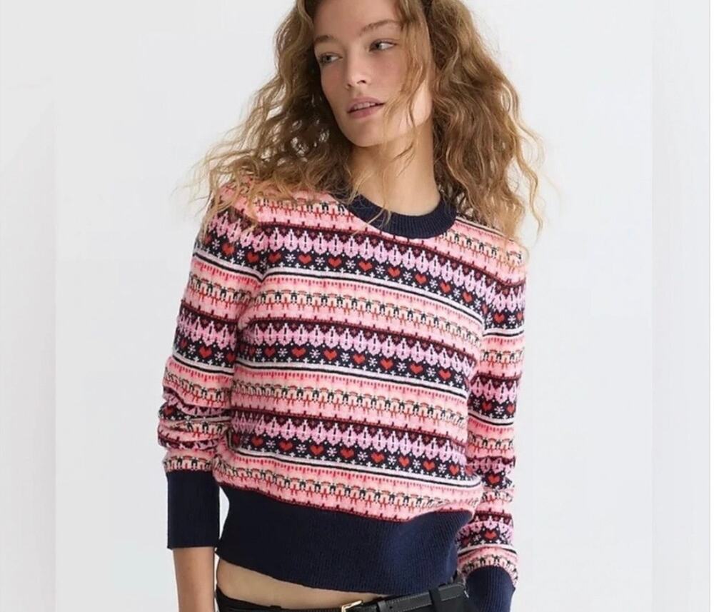 J. CREW Sweater Women Small Shrunken Fair Isle Crewneck Wool Blend Whimsy Hearts